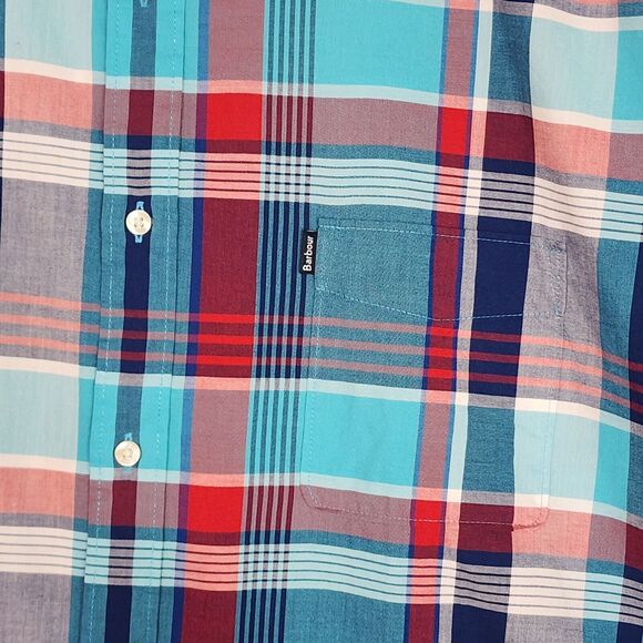 Barbour Button Up Shirt Mens 3XL Plaid Tailored Fit Blue Red Aqua - Picture 3 of 7